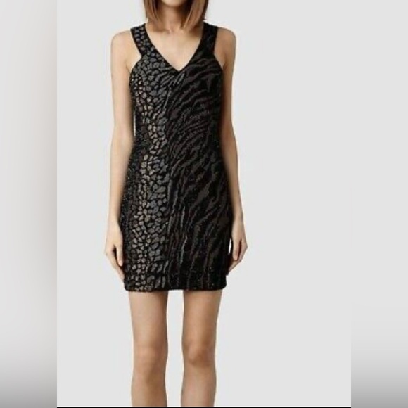 AllSaints Shia hand embellished, mixed metal and animal print mini dress size 10 - Picture 4 of 14